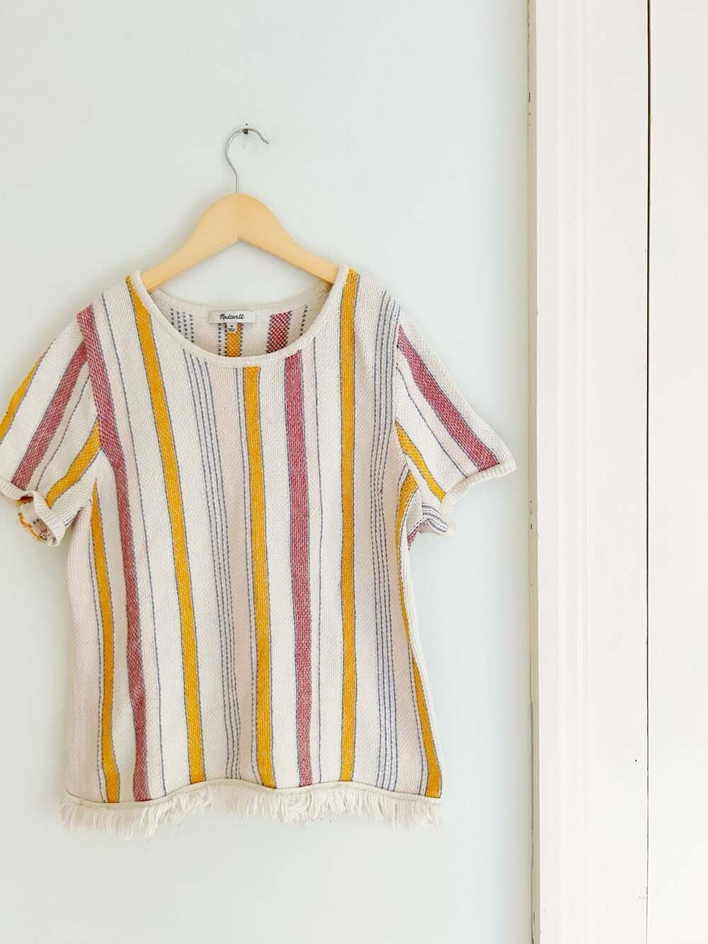 Madewell Striped Knit Short Sleeve Fringe Hem Top Size M